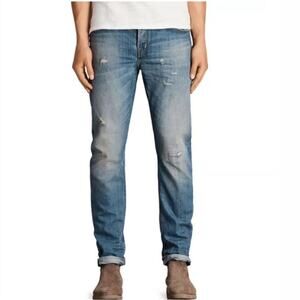 AllSaints Cigarette Damaged Skinny Jeans Light Indigo Blue Distressed Size W30